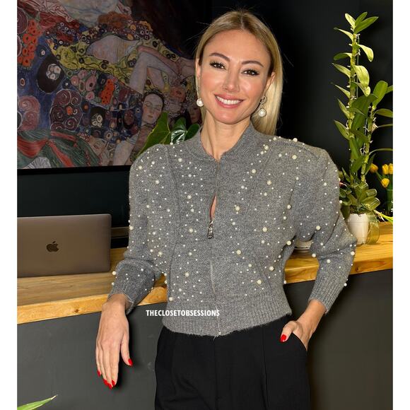 ZARA Wool-Blend Knit Jacket NWT | Gray Pearl Bomber Cardigan - Picture 10 of 12